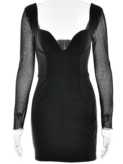 Elegant Long Sleeve Mesh Patchwork Zipper Tight Dress Women Sexy Deep V-Back Short Skirt Party Club Evening Dress 2025