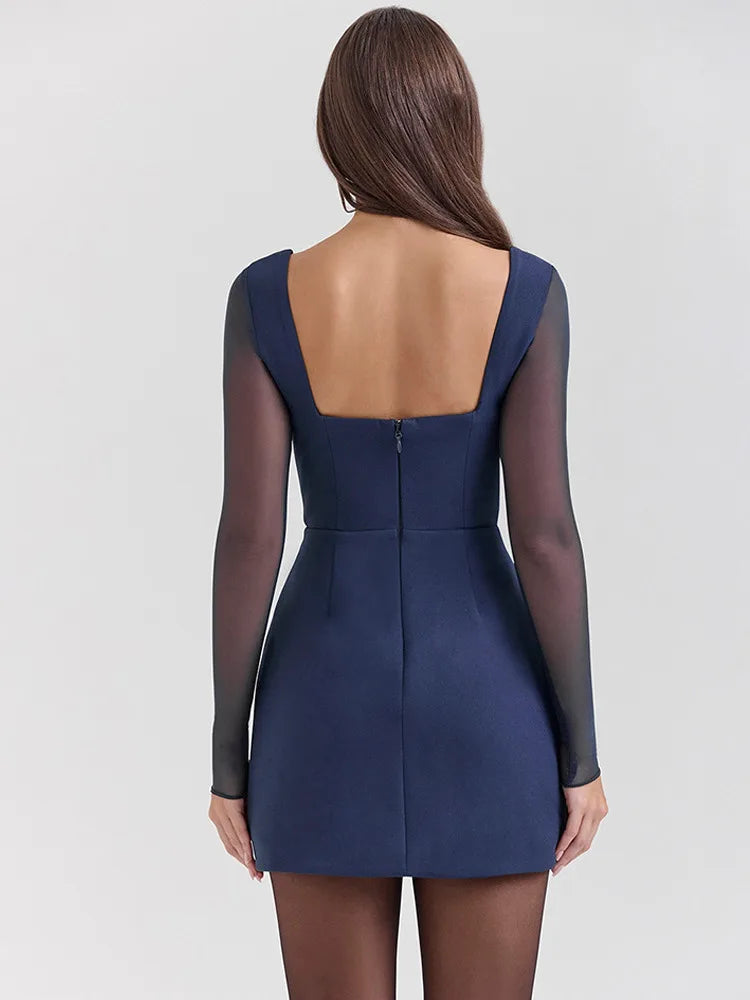 Elegant Long Sleeve Mesh Patchwork Zipper Tight Dress Women Sexy Deep V-Back Short Skirt Party Club Evening Dress 2025