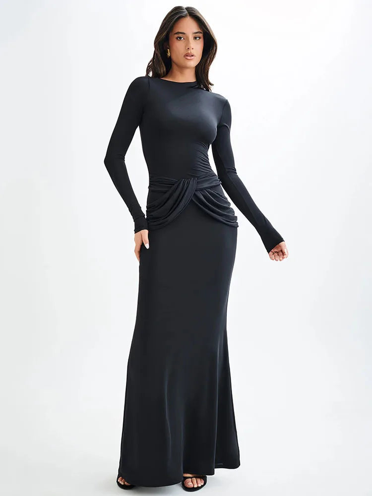 Elegant Long Sleeved Elastic Tight Long Dress Women Bodycon Pleated Evening Dress Slimming Party Club Vestido Fall