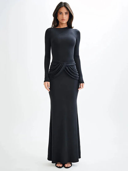 Elegant Long Sleeved Elastic Tight Long Dress Women Bodycon Pleated Evening Dress Slimming Party Club Vestido Fall