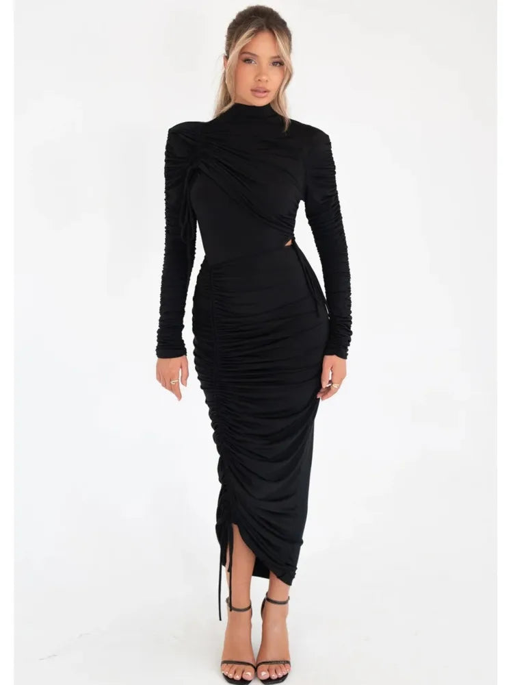 Elegant Long Sleeved Elastic Tight Pleated Maxi Dress Women Slim Party Club Evening Dress Autumn Winter New 2025 Vestido