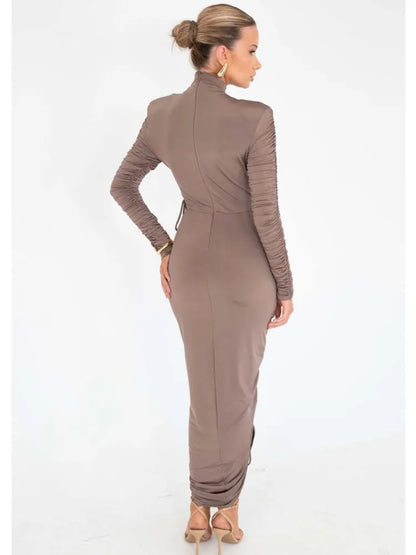 Elegant Long Sleeved Elastic Tight Pleated Maxi Dress Women Slim Party Club Evening Dress Autumn Winter New 2025 Vestido
