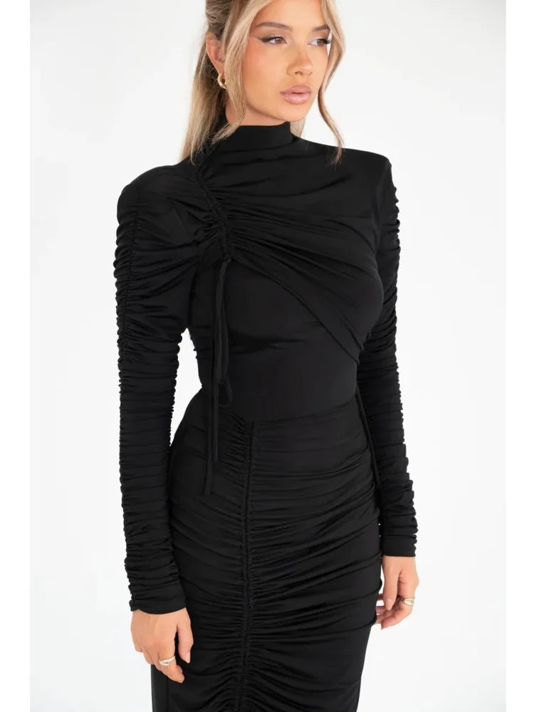 Elegant Long Sleeved Elastic Tight Pleated Maxi Dress Women Slim Party Club Evening Dress Autumn Winter New 2025 Vestido