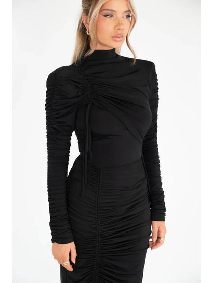 Elegant Long Sleeved Elastic Tight Pleated Maxi Dress Women Slim Party Club Evening Dress Autumn Winter New 2025 Vestido