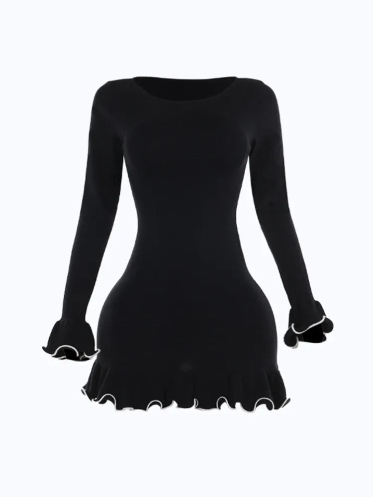 Elegant Long Sleeved Elastic Tight Women Short Skirt  Autumn New Wave Roll Wool Dress Fashion Street Evening Dress