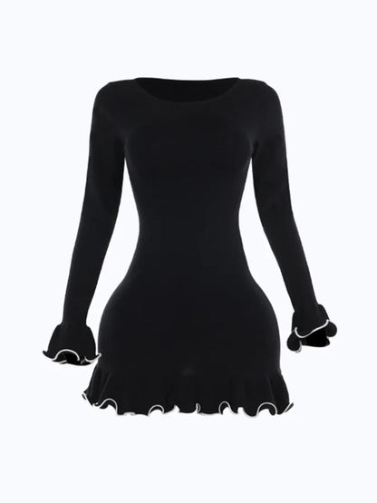 Elegant Long Sleeved Elastic Tight Women Short Skirt  Autumn New Wave Roll Wool Dress Fashion Street Evening Dress