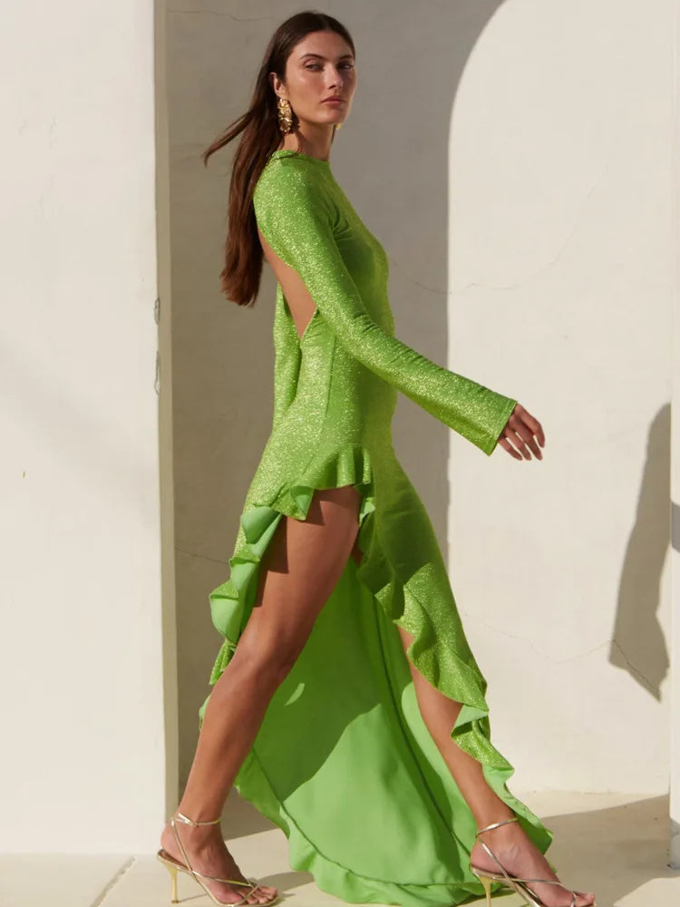 Elegant Long Sleeved Irregular Dress Women High Elasticity Tight Sexy Backless Evening Dress Slim Party Club Vestido