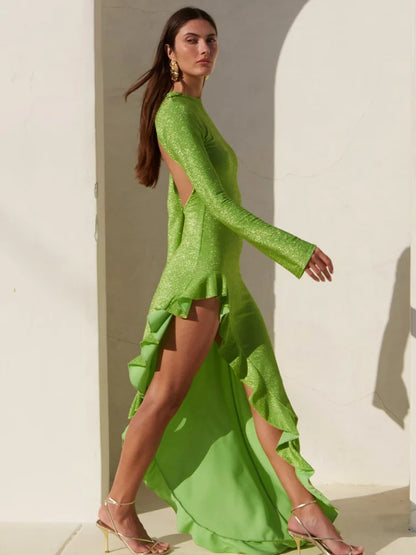 Elegant Long Sleeved Irregular Dress Women High Elasticity Tight Sexy Backless Evening Dress Slim Party Club Vestido