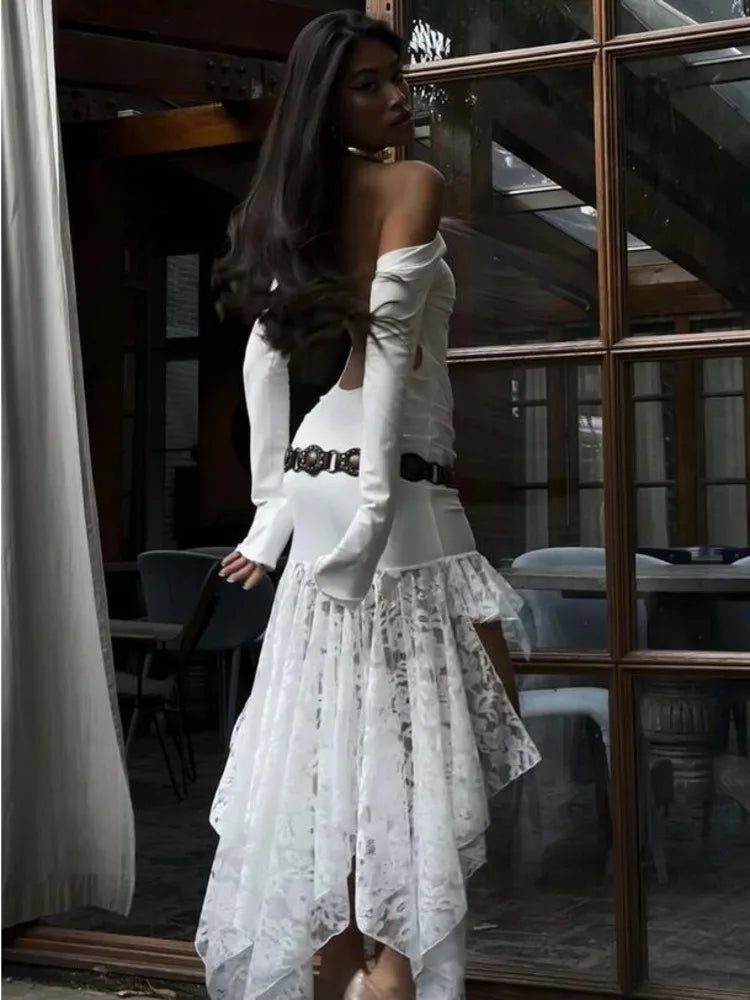 Elegant Long Sleeved Lace Patchwork Bodycon Dress Female Sexy Irregular Female Vestido Autumn/winter Party Evening Dress