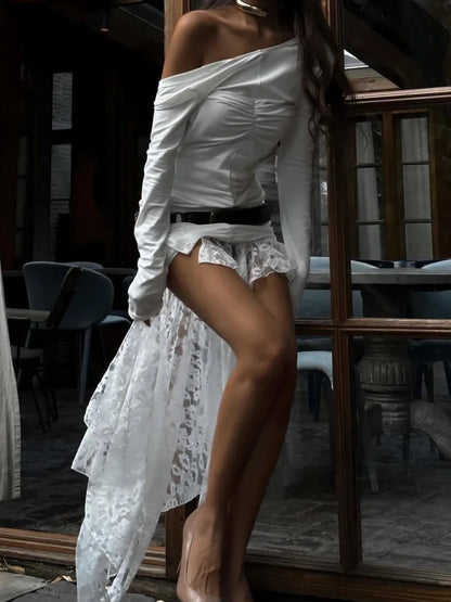 Elegant Long Sleeved Lace Patchwork Bodycon Dress Female Sexy Irregular Female Vestido Autumn/winter Party Evening Dress