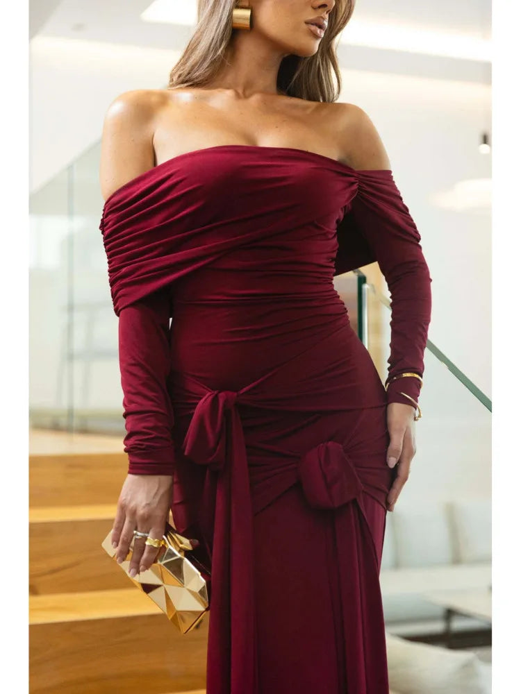 Elegant Long Sleeved Stretch Tight Bow Pleated Evening Dress Women Sexy Backless Bodycon Party Autumn Winter Vestido