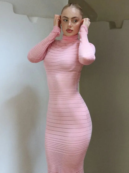 Elegant Long Sleeved Sweater Knit Dress Women Stretch Tight Striped Bodycon Party Evening Dress Fashiona Street Vestido