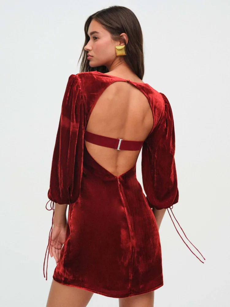 Elegant Long Sleeved Velvet Hollow Out Dress Women Sexy Backless Party Evening Dress Autumn/Winter 2025 New Slim Vestido