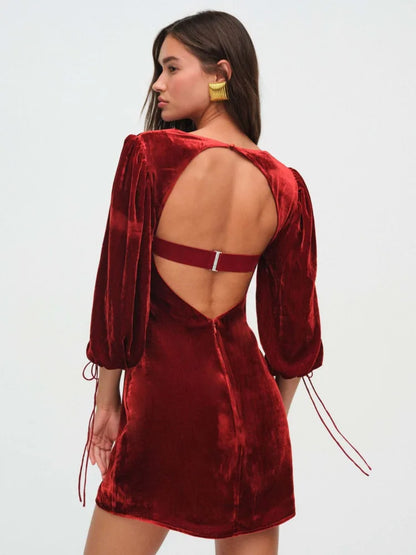 Elegant Long Sleeved Velvet Hollow Out Dress Women Sexy Backless Party Evening Dress Autumn/Winter 2025 New Slim Vestido