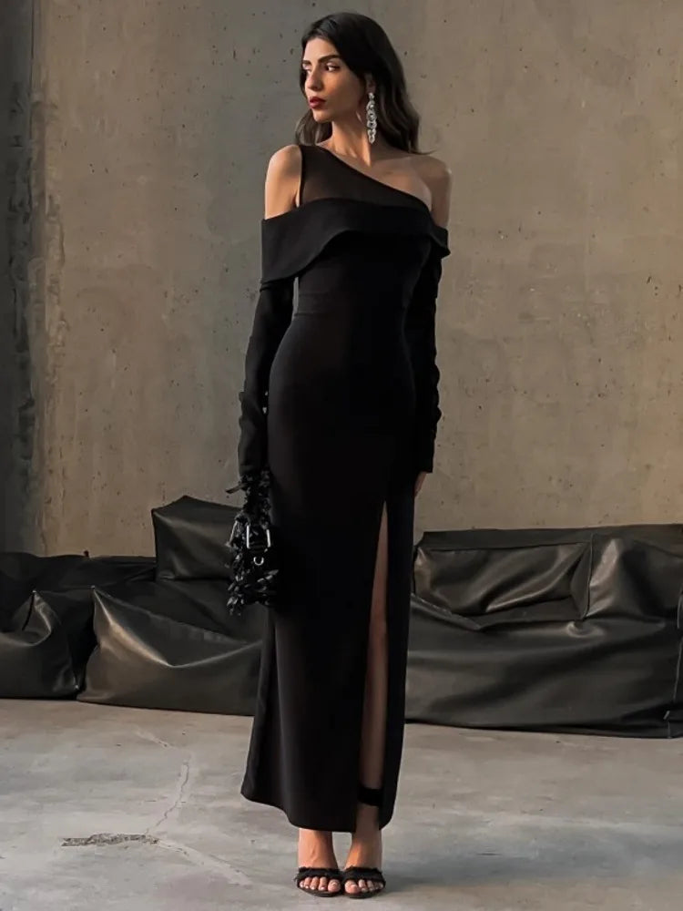 Elegant Mesh Patchwork Women Dress  Fall New Sexy High Split Bodycon Long Sleeve Party Evening Dress Slim Vestido