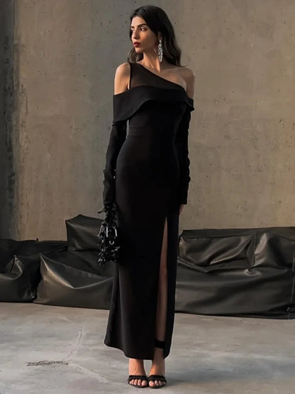 Elegant Mesh Patchwork Women Dress  Fall New Sexy High Split Bodycon Long Sleeve Party Evening Dress Slim Vestido