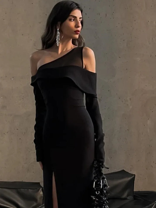 Elegant Mesh Patchwork Women Dress  Fall New Sexy High Split Bodycon Long Sleeve Party Evening Dress Slim Vestido