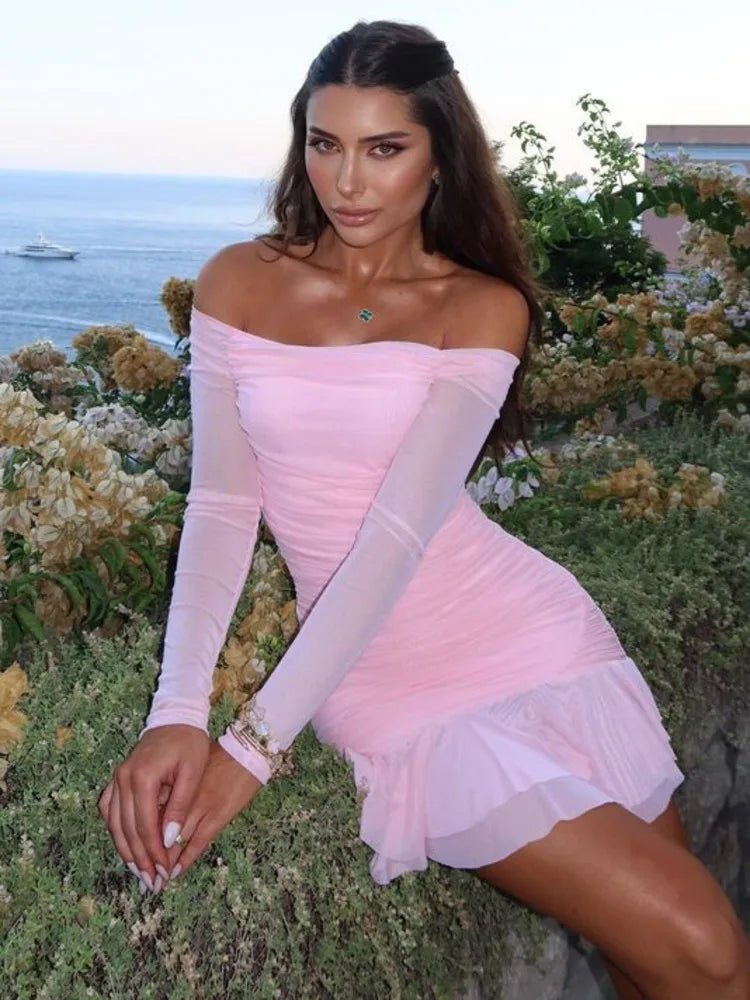 Elegant One Shoulder Double Layer High Elasticity Tight Dress For Women Bodycon Fall  Female Party Evening Dress