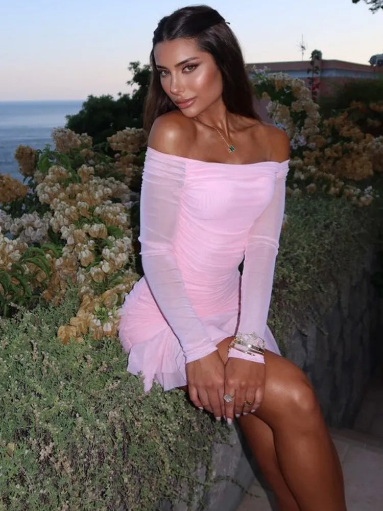 Elegant One Shoulder Double Layer High Elasticity Tight Dress For Women Bodycon Fall  Female Party Evening Dress