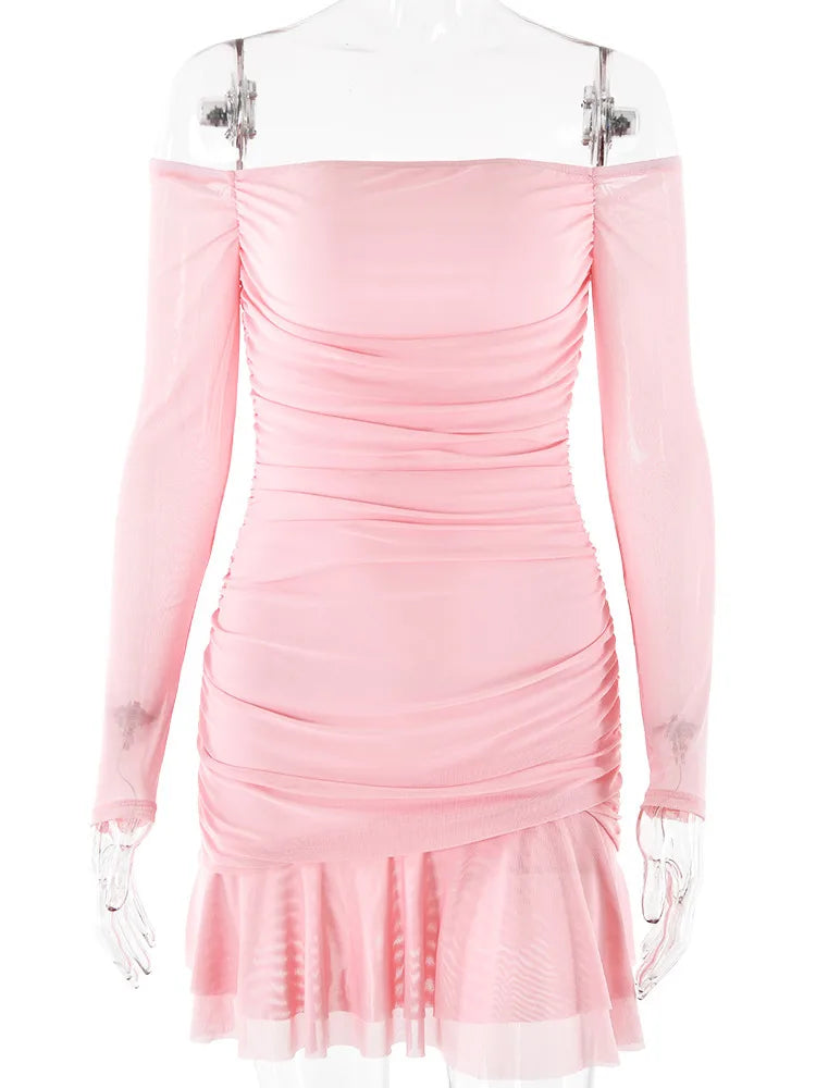 Elegant One Shoulder Double Layer High Elasticity Tight Dress For Women Bodycon Fall  Female Party Evening Dress