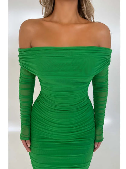 Elegant One Shoulder Mesh Patchwork Long Sleeve Party Evening Dress Women Sexy Bodycon Vestdos Autumn/Winter Clothing