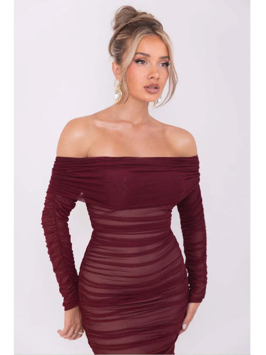 Elegant One Shoulder Mesh Patchwork Long Sleeve Party Evening Dress Women Sexy Bodycon Vestdos Autumn/Winter Clothing