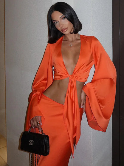 Elegant Satin Long Sleeved Long Skirt Women Set  Women Lace Up Sexy V-neck Low Waist Solid Color Party Club Set