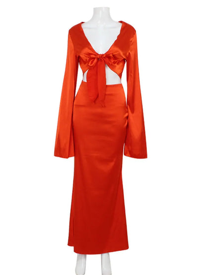 Elegant Satin Long Sleeved Long Skirt Women Set  Women Lace Up Sexy V-neck Low Waist Solid Color Party Club Set