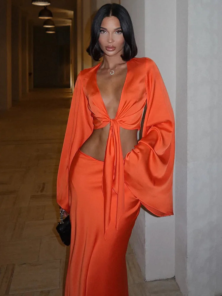 Elegant Satin Long Sleeved Long Skirt Women Set  Women Lace Up Sexy V-neck Low Waist Solid Color Party Club Set