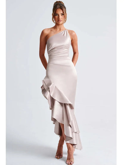 Elegant Satin Sleeveless Bodycon Ruffle Irregular Long Dress Women Sexy Backless Party Evening Dress Autumn New Vestido