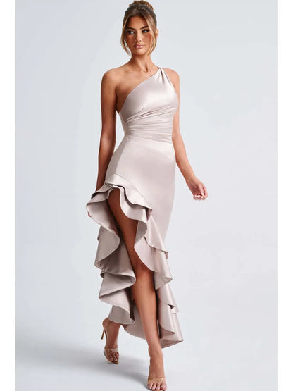 Elegant Satin Sleeveless Bodycon Ruffle Irregular Long Dress Women Sexy Backless Party Evening Dress Autumn New Vestido