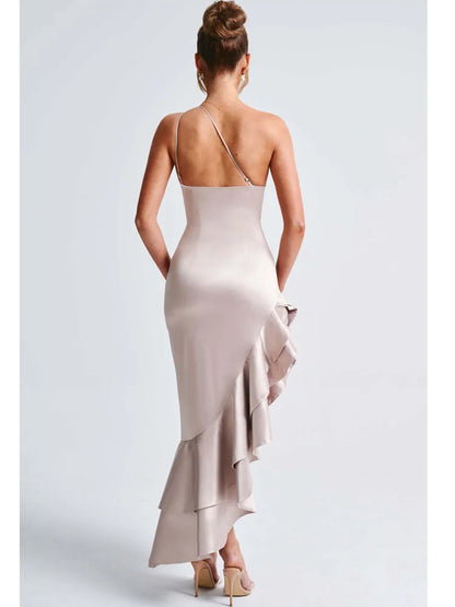 Elegant Satin Sleeveless Bodycon Ruffle Irregular Long Dress Women Sexy Backless Party Evening Dress Autumn New Vestido