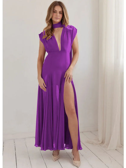 Elegant Sleeveless Bodycon Slit Party Evening Dress Women Sexy Deep V Backless Long Dress Autumn Winter Vestido
