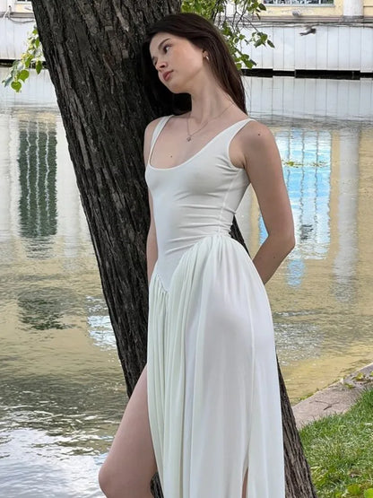 Elegant Sleeveless Elastic Tight Long Dress Women Fluffy Skirt Split Backless Evening Dress Slim Party Vacation Vestidos