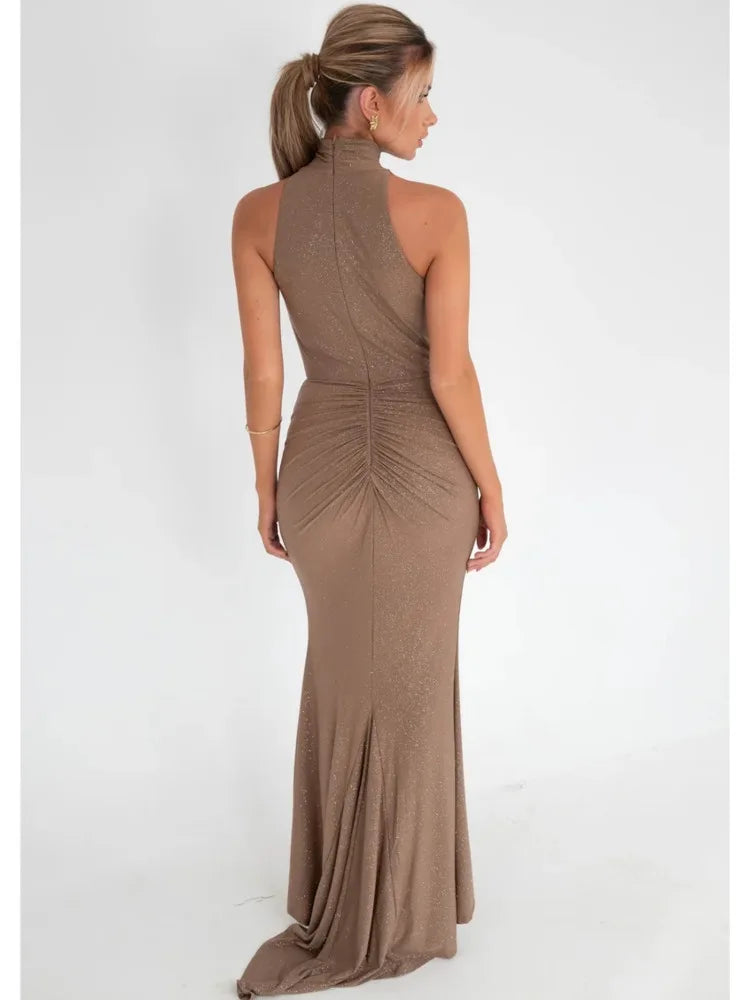 Elegant Sleeveless Elastic Tight Women Dress High Neck Bodycon Pleated Long Party Evening Dress AutumnWinter New Vestido