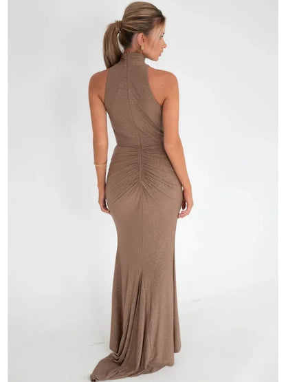 Elegant Sleeveless Elastic Tight Women Dress High Neck Bodycon Pleated Long Party Evening Dress AutumnWinter New Vestido