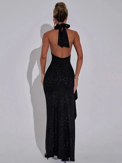 Elegant Sleeveless High Slit Ruffled Bodycon Evening Dress Women Shiny Hanging Collar Sexy Backless Party Club Vestido