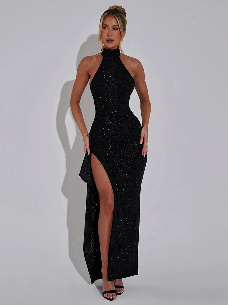 Elegant Sleeveless High Slit Ruffled Bodycon Evening Dress Women Shiny Hanging Collar Sexy Backless Party Club Vestido