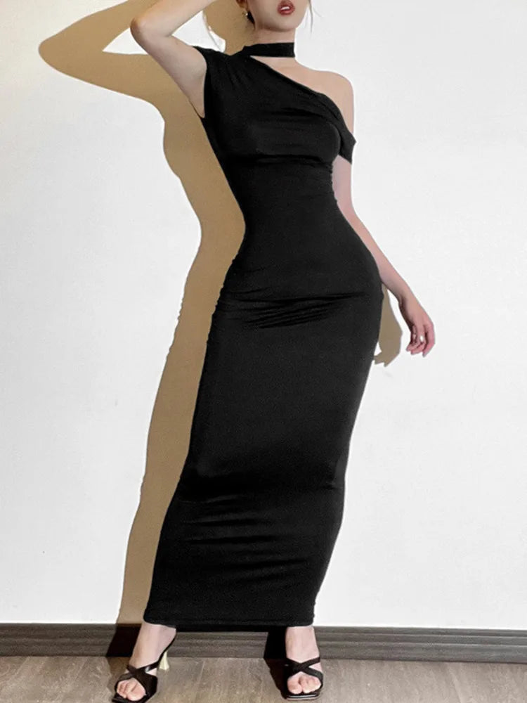 Elegant Sleeveless Irregular Bodycon Dress For Women  Autumn New Fashion Long Dress Off Shoulder Party Evening Dress