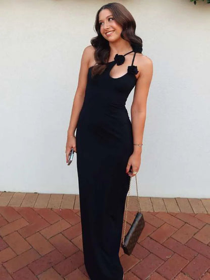 Elegant Sleeveless Irregular Bodycon Women Evening Dress  Fall New Flower Ornament Shoulder Vestido Sexy Long Dress