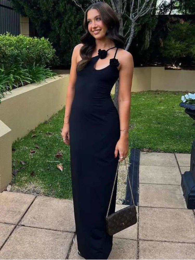 Elegant Sleeveless Irregular Bodycon Women Evening Dress  Fall New Flower Ornament Shoulder Vestido Sexy Long Dress