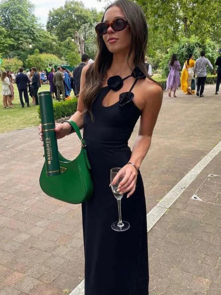 Elegant Sleeveless Irregular Bodycon Women Evening Dress  Fall New Flower Ornament Shoulder Vestido Sexy Long Dress