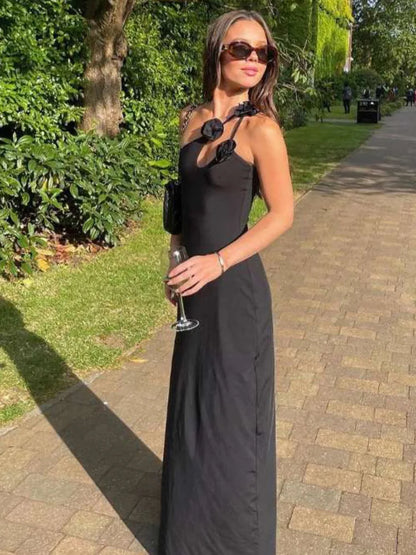 Elegant Sleeveless Irregular Bodycon Women Evening Dress  Fall New Flower Ornament Shoulder Vestido Sexy Long Dress