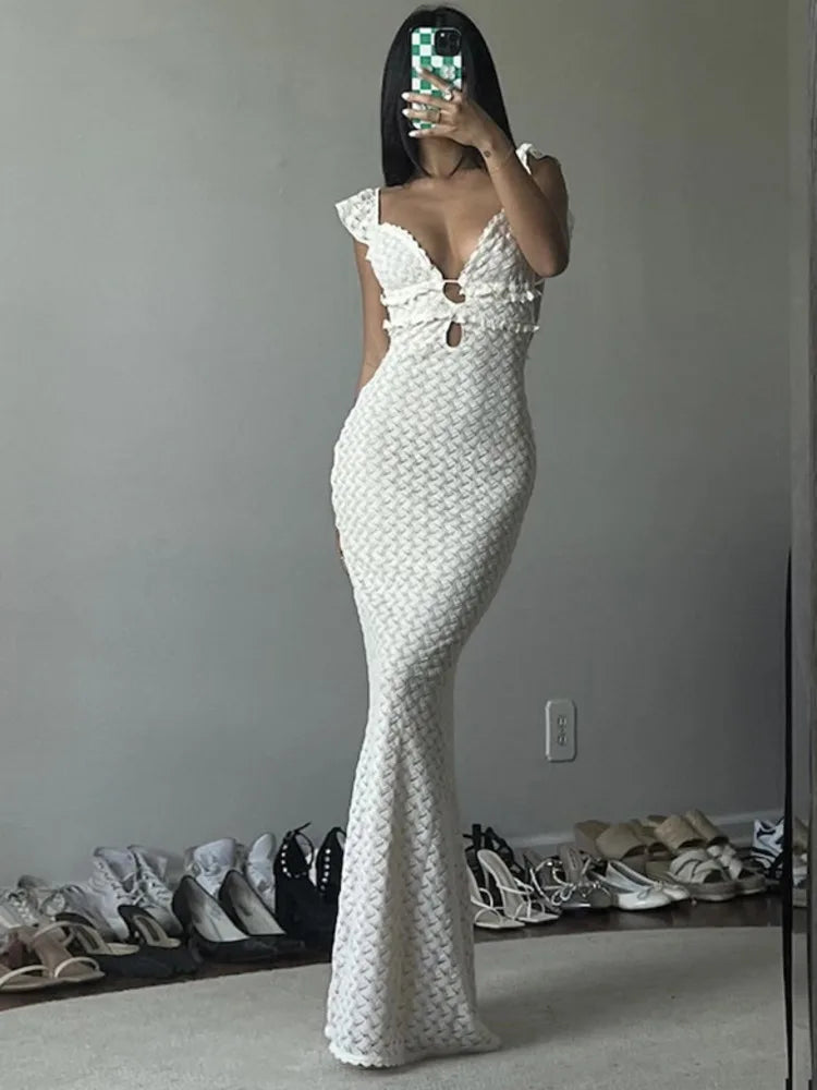 Elegant Sleeveless Lace Up Hollow Out Bodycon Women Dress  Fall New V-neck Backless Party Evening Dress Slim Vestido