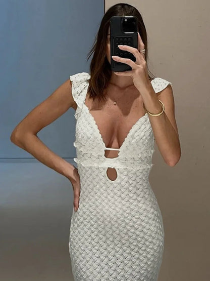 Elegant Sleeveless Lace Up Hollow Out Bodycon Women Dress  Fall New V-neck Backless Party Evening Dress Slim Vestido