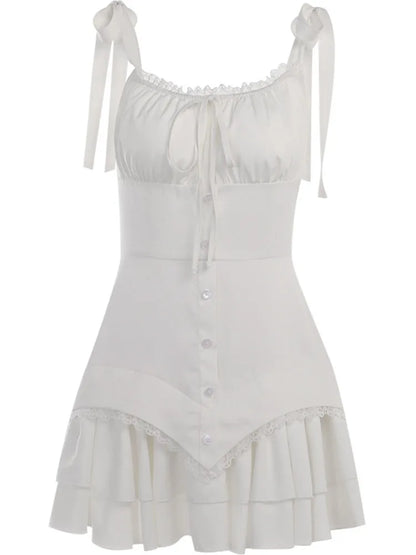 Elegant Sleeveless Ruffle Edge Slim Dresst Women Tie Ruffle Edge Sexy Short Skirt Fashion Street Party Club Clothing