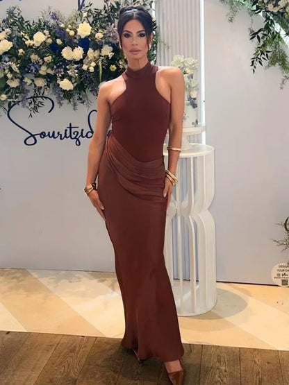 Elegant Sleeveless Satin Patchwork Hollow Out Long Dress Women Sexy Elastic Tight Female Party Club Evening Vestidos