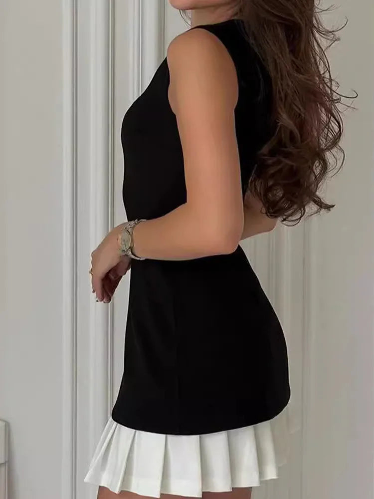 Elegant Sleeveless Slim Pleated Skirt Patchwork Dress For Women  Summer New Evening Leisure Holiday Vestidos Female