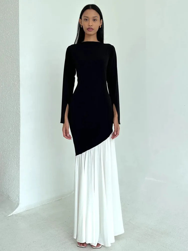 Fashion Long Sleeved Patchwork Bodycon Women Dress Round Neck Slim Elastic Autumn Winter New 2025 Pleated Maxi Vestido