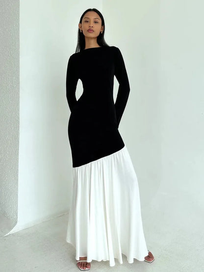 Fashion Long Sleeved Patchwork Bodycon Women Dress Round Neck Slim Elastic Autumn Winter New 2025 Pleated Maxi Vestido